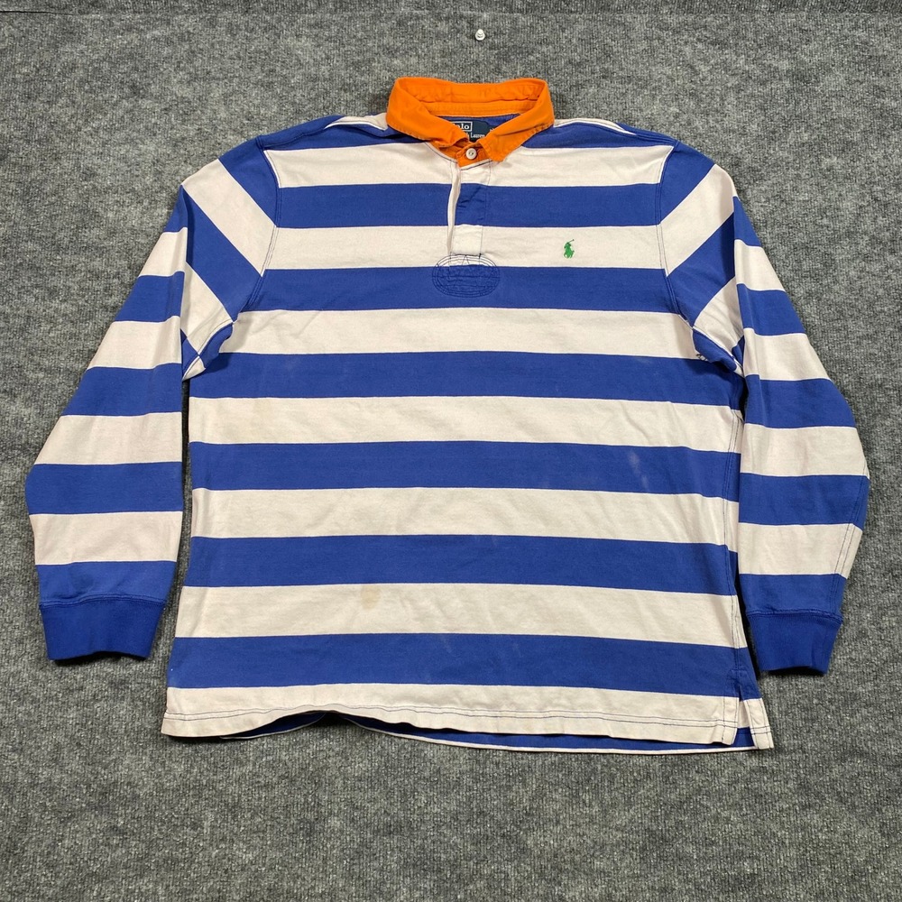 Polo Ralph Lauren Mens XXL Blue White Striped Orange Collar Rugby Shirt Custom